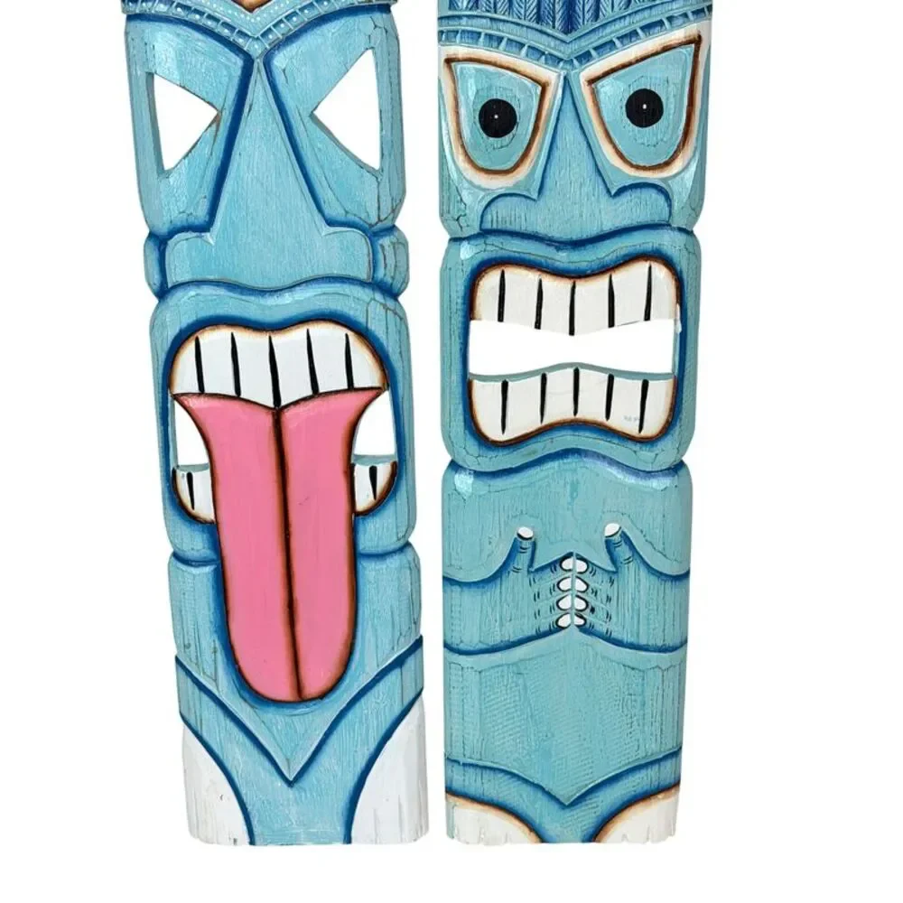 Set of 2 Aqua Tiki Wall Plaques Hand Carved Wood 39 Inch Tall Coastal Decor